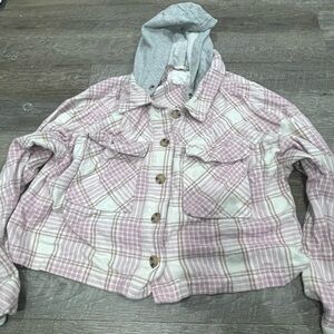 American Eagle Outfitters Plaid Jean Jacket with Hood